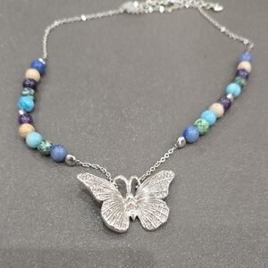 Brighton Silver Butterfly Pendant Necklace with Multicolor Beads